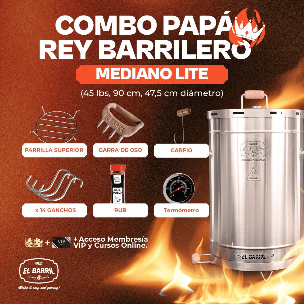 COMBO PAPÁ REY BARRILERO Barrilero 45lbs + Membresía VIP + Accesorios + Corona + Garantía de 3 Años