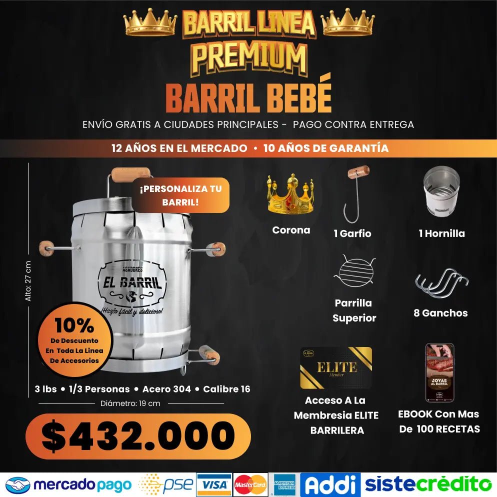 Barril Bebé PREMIUM 3lb + Accesorios + Envío Gratis - Asadores El Barril