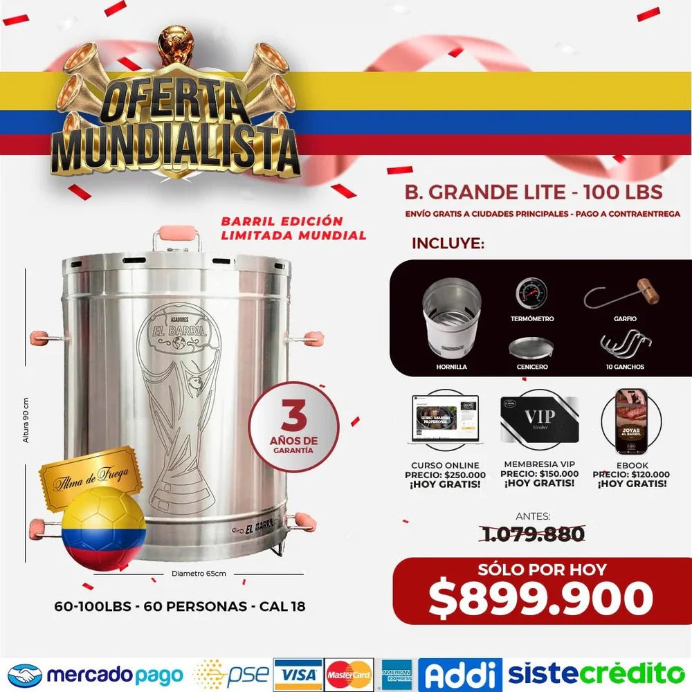 Barril Grande Lite 100lb + Accesorios + Envío Gratis - Asadores El Barril