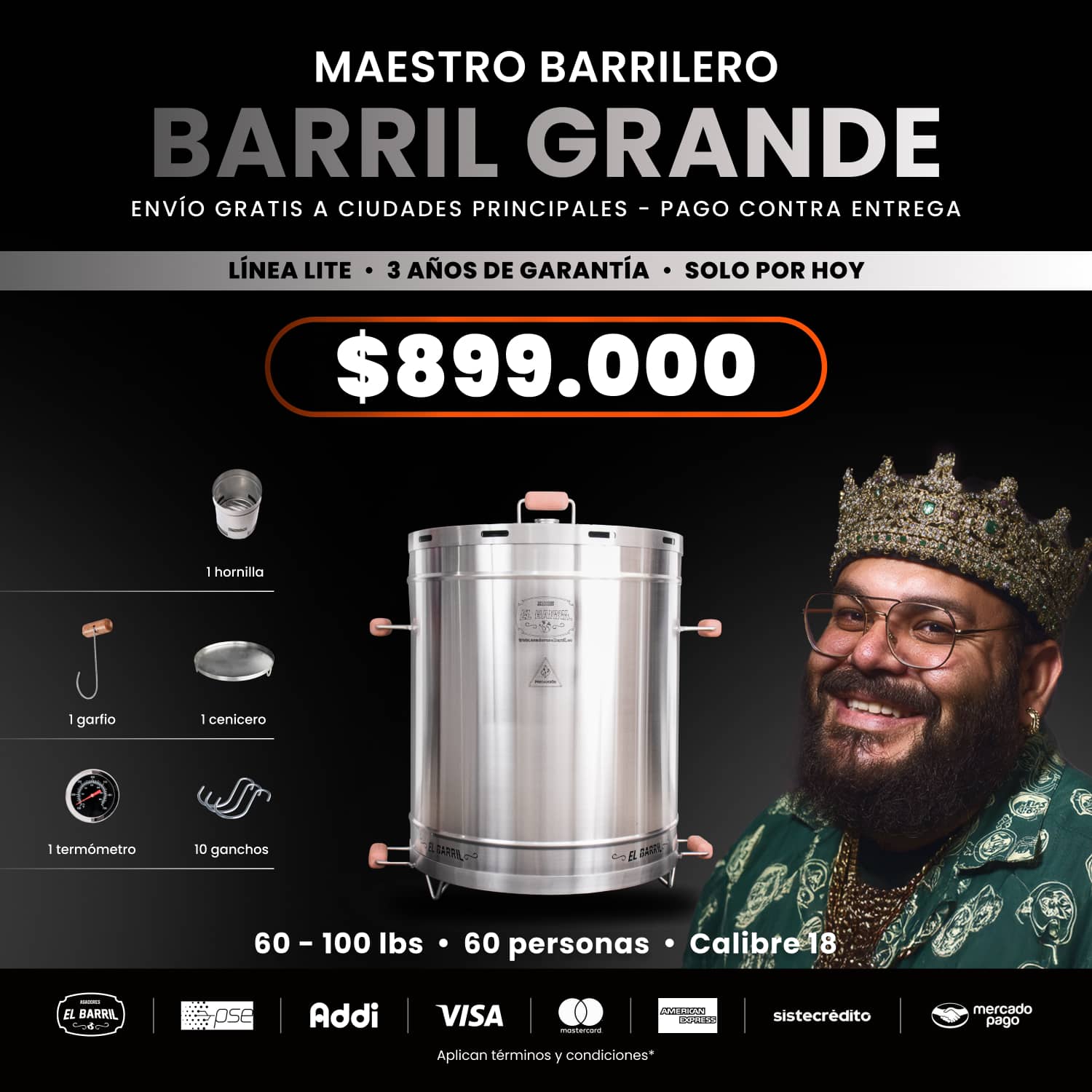 Barril Grande Lite 100lb + Accesorios + Envío Gratis - Asadores El Barril