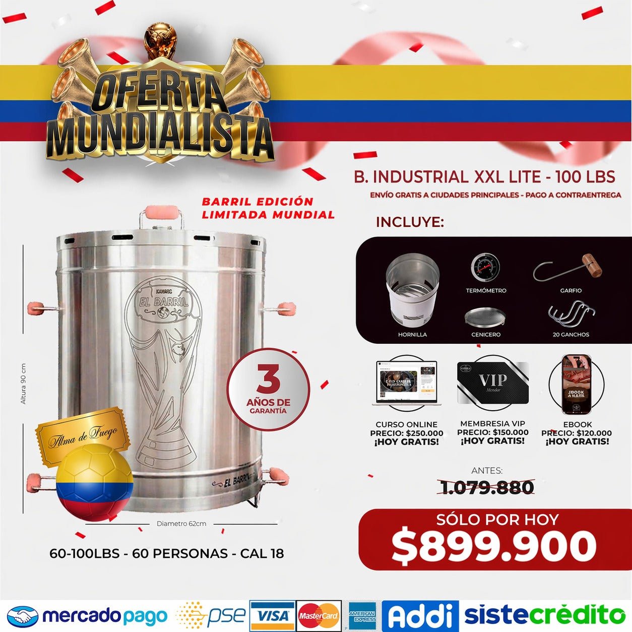 Barril Industrial Lite 100lb + Accesorios + Envío Gratis - Asadores El Barril