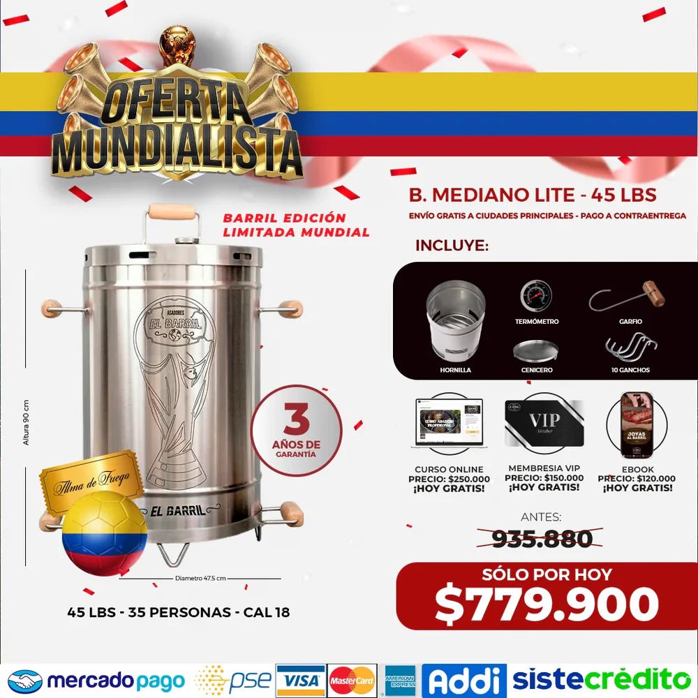Barril Mediano Lite 45lb + Accesorios + Envío Gratis - Asadores El Barril