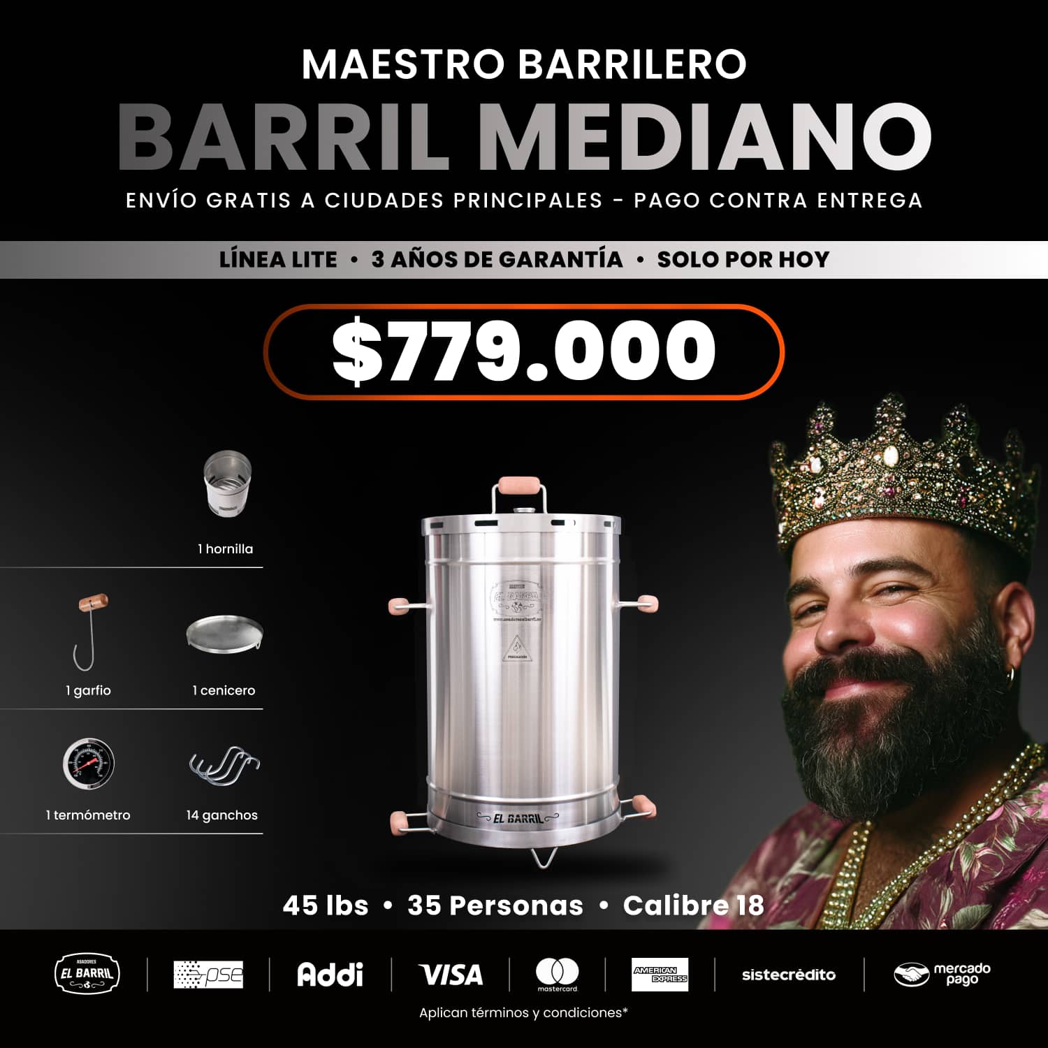 Barril Mediano Lite 45lb + Accesorios + Envío Gratis - Asadores El Barril