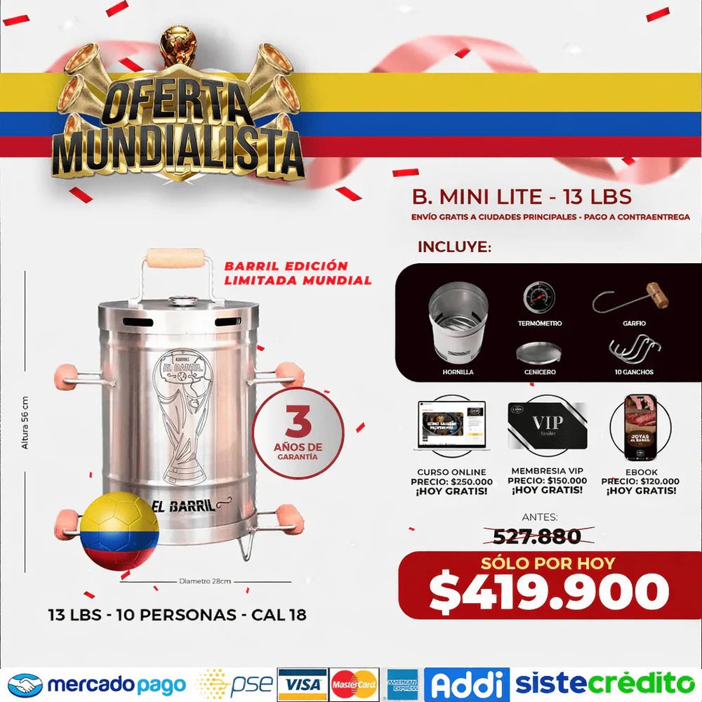 Barril Mini Lite 13lb + Accesorios + Envío Gratis - Asadores El Barril