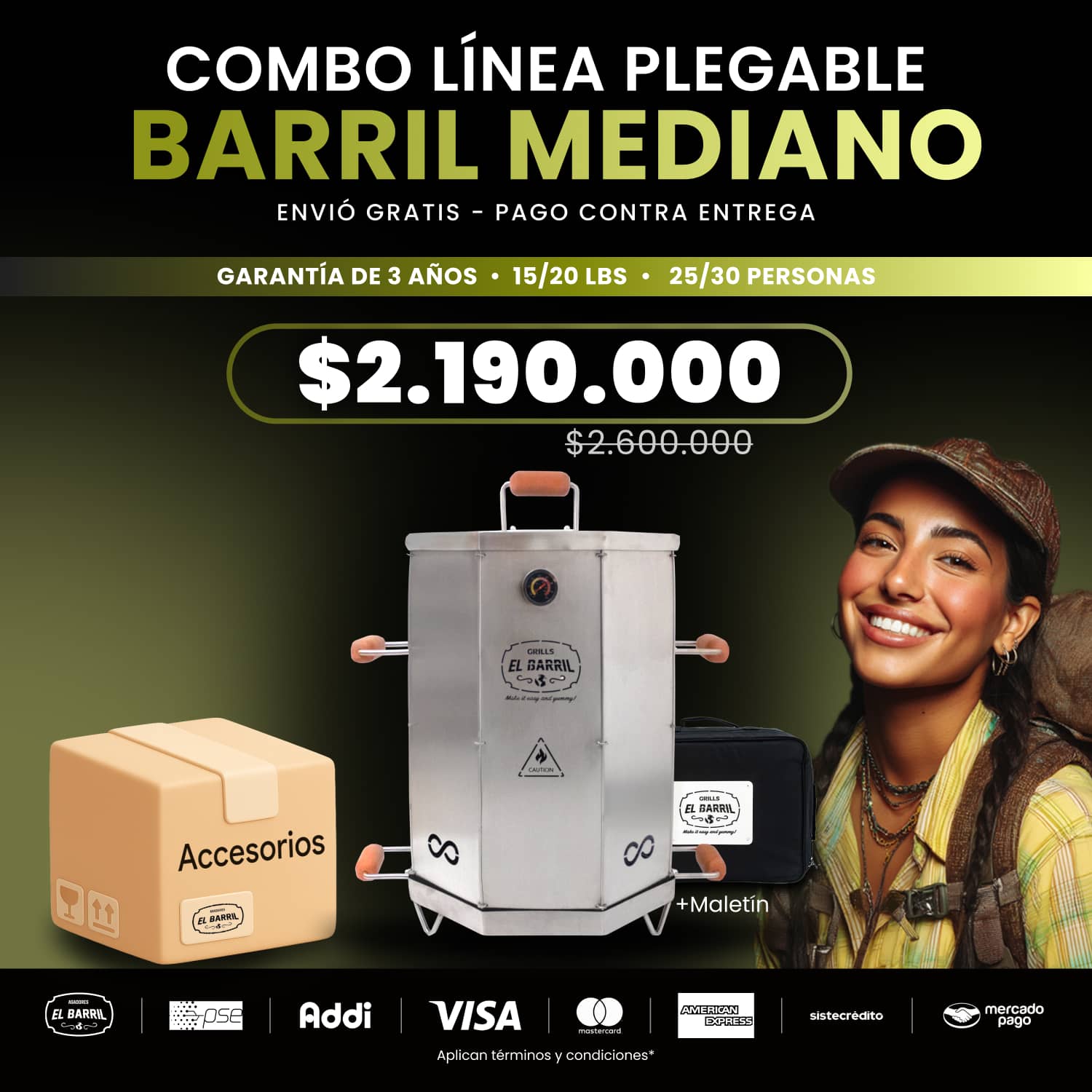 Combo Barril asador mediano plegable en acero - Asadores El Barril