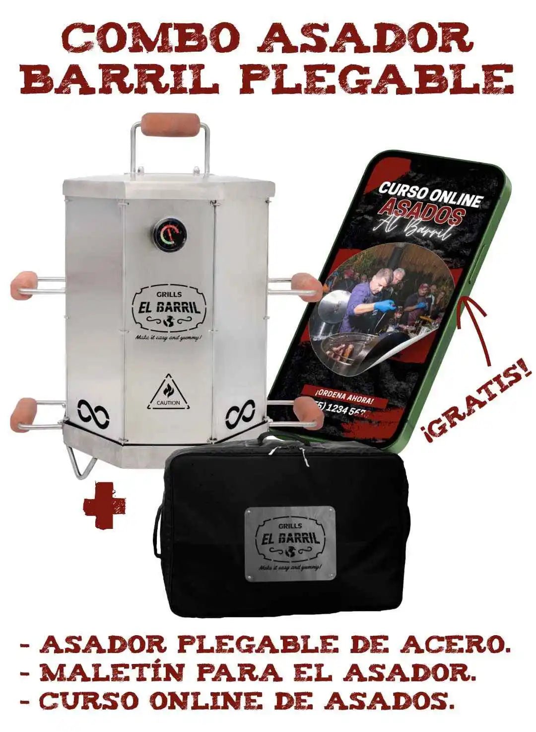 Combo Barril asador plegable pequeño en acero + Maletín GRATIS + Curso online de Asados GRATIS - Asadores El Barril