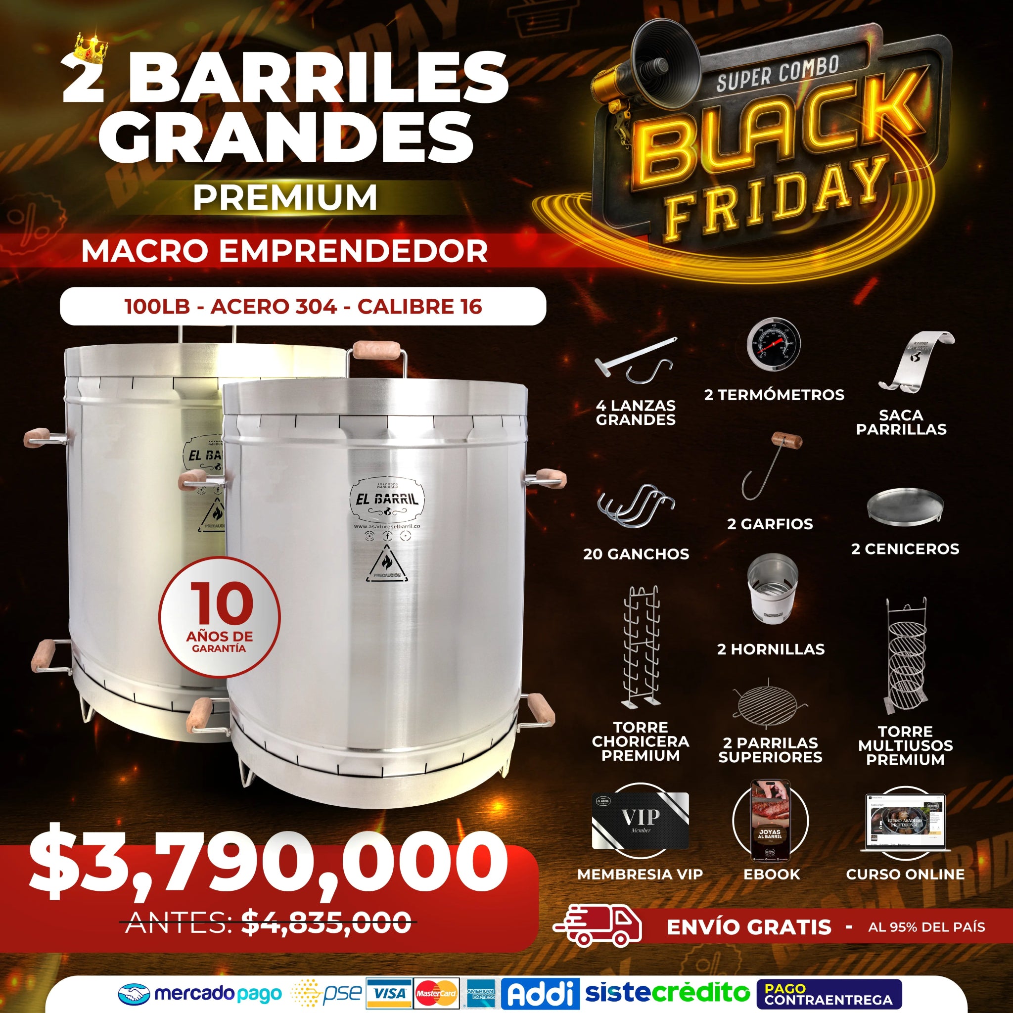 Combo BLACK FRIDAY Premium DOS BARRILES GRANDES - Macro Emprendedor + accesorios 🔥 - Asadores El Barril