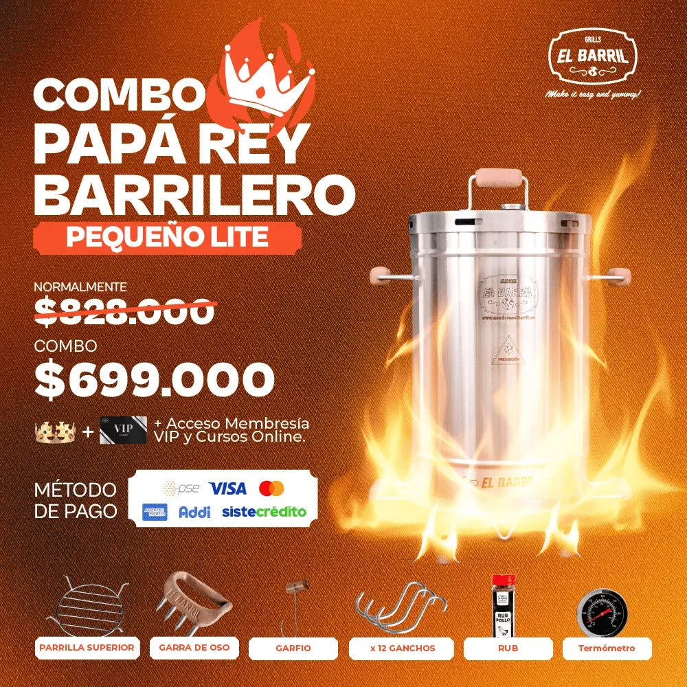 COMBO PAPÁ REY BARRILERO Barrilero 30lbs + Membresía VIP + Accesorios + Corona + Garantía de 3 Años - Asadores El Barril