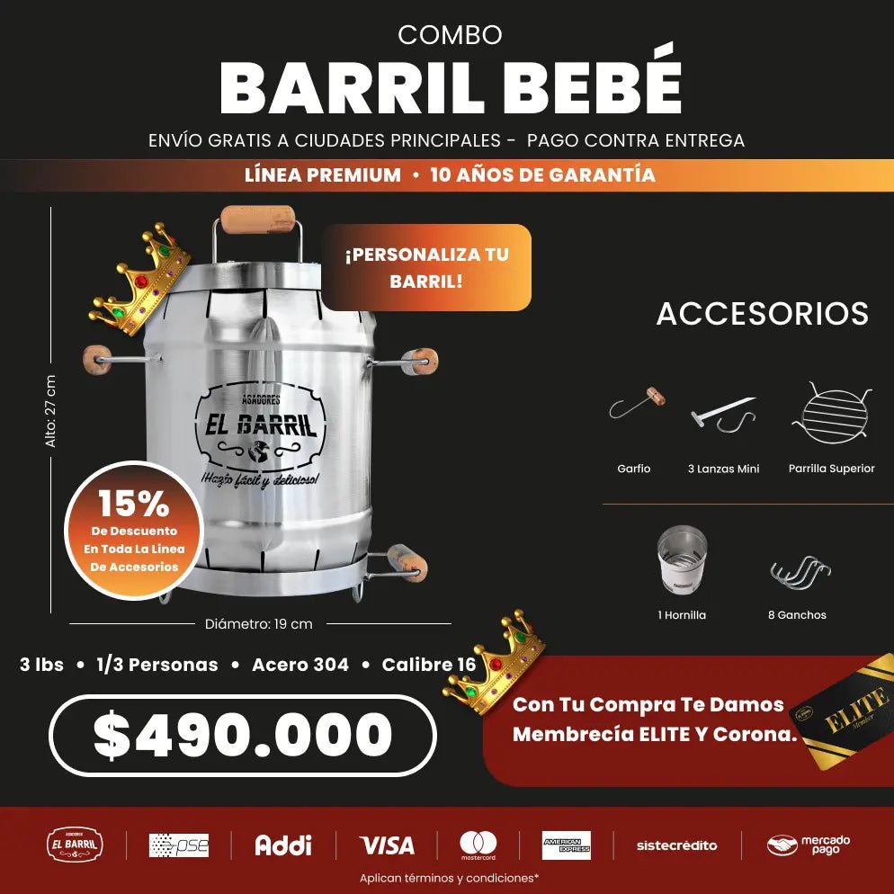 Combo Premium bebé 3Lbs + Accesorios + Envio Gratis + Parrilla - Asadores El Barril