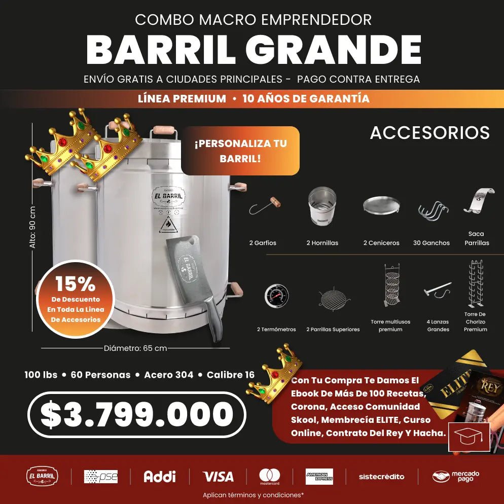 Combo Premium Macro Emprendedor 200lb + 2BARRILES Kit de Accesorios + Curso Virtual + 10 Años de Garantía +PARRILLA) - Asadores El Barril