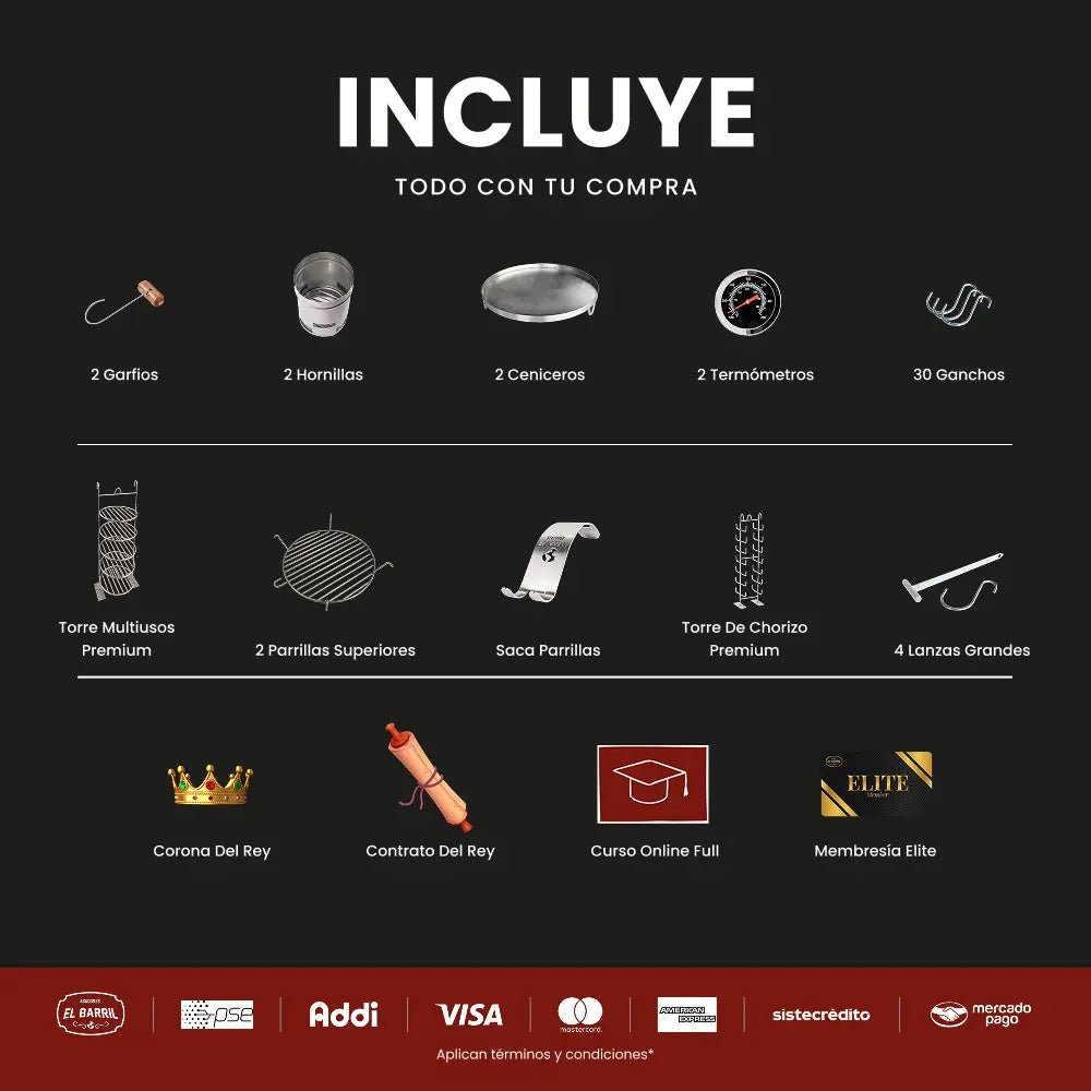 Combo Premium Macro Emprendedor 200lb + 2BARRILES Kit de Accesorios + Curso Virtual + 10 Años de Garantía +PARRILLA) - Asadores El Barril