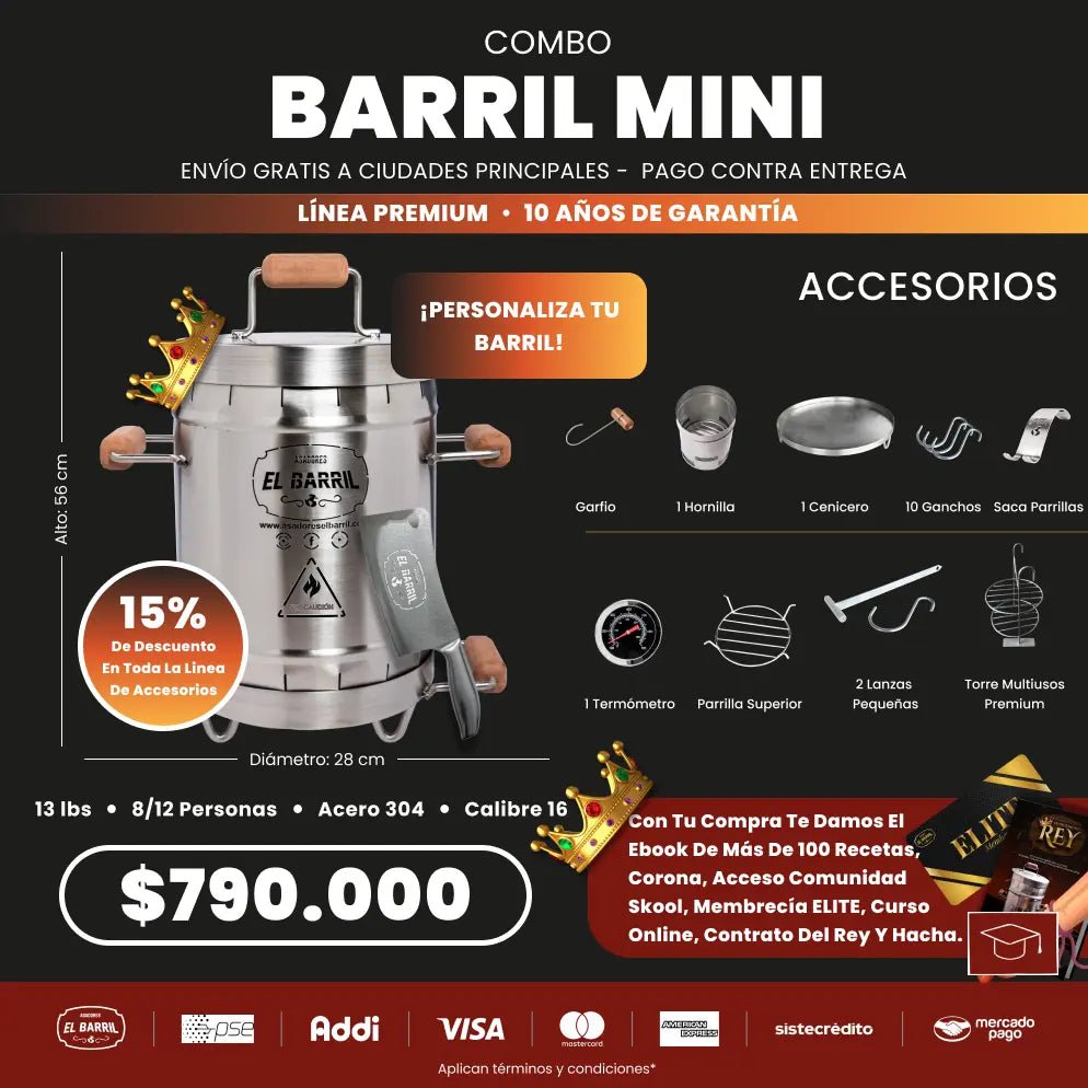 Combo Premium Mini 13Lbs + Accesorios + Envio Gratis + Parrilla - Asadores El Barril