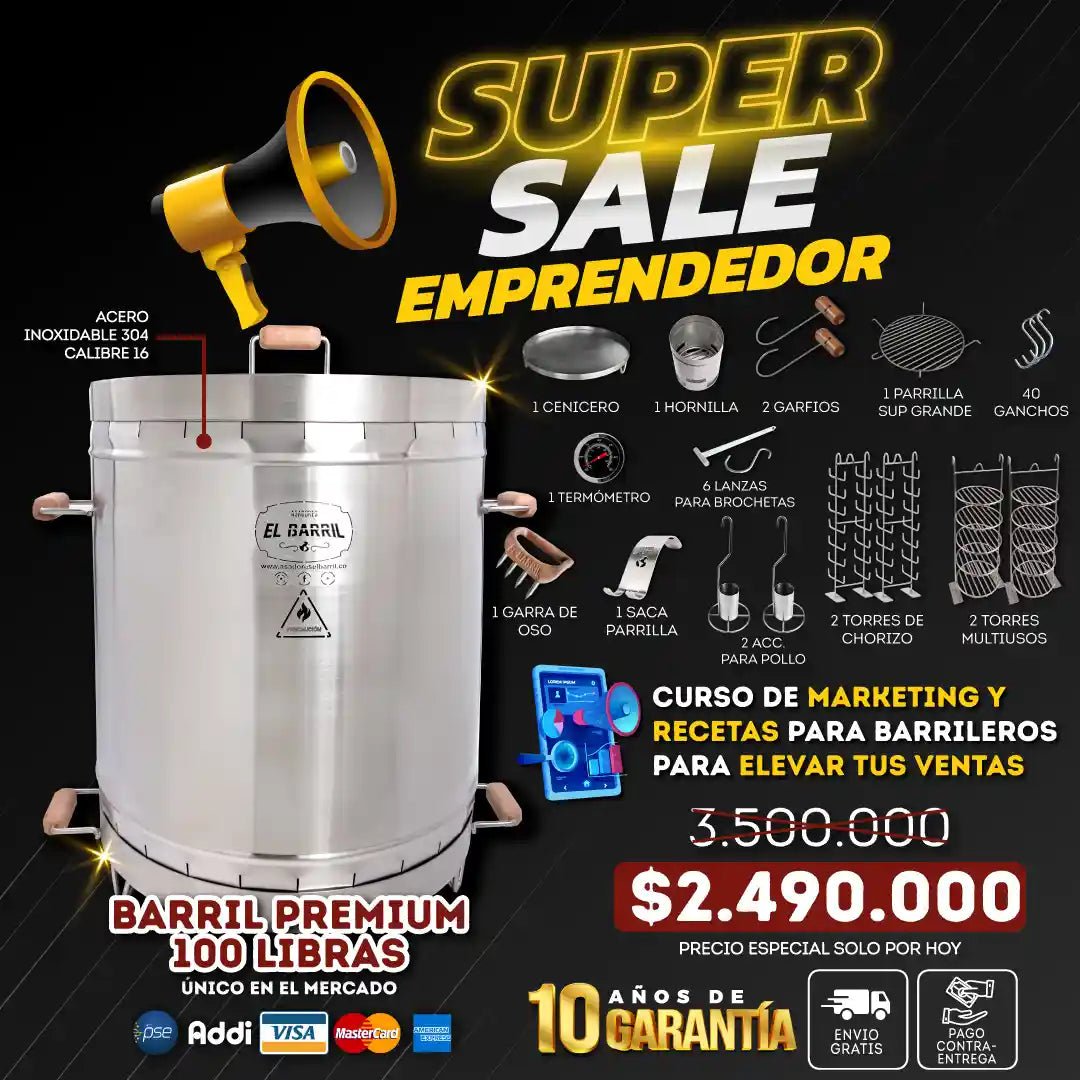 Combo Premium Rey Emprendedor 100lb + Kit de Accesorios + Curso Virtual + 10 Años de Garantia + Comunidad VIP + Envío Gratis - Asadores El Barril