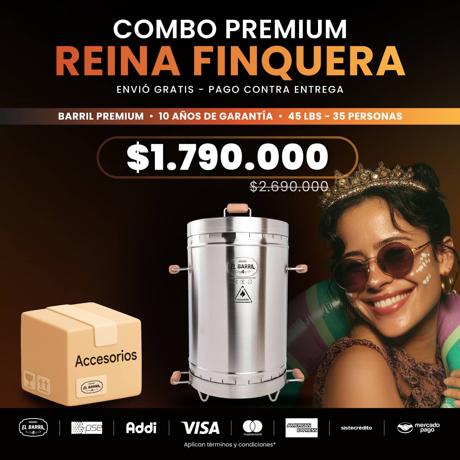 Combo Reina Finquera Premium 45lbs + Accesorios + Membresía ELITE + Envio Gratis - Asadores El Barril