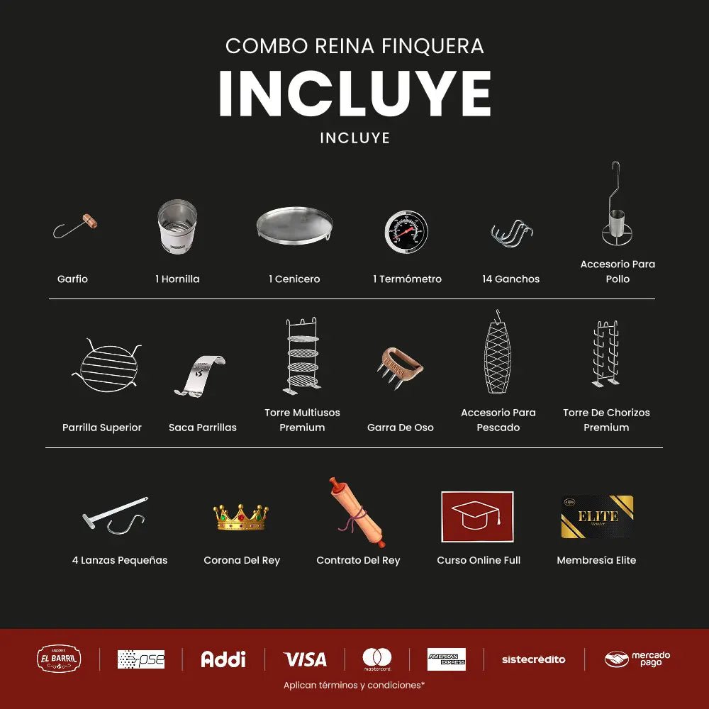Combo Reina Finquera Premium 45lbs + Accesorios + Membresía ELITE + Envio Gratis+Parrilla - Asadores El Barril