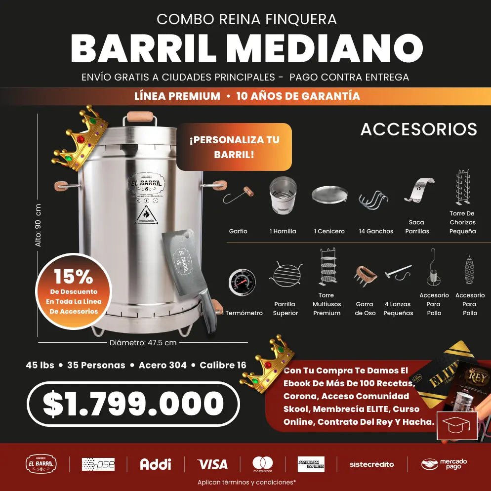 Combo Reina Finquera Premium 45lbs + Accesorios + Membresía ELITE + Envio Gratis+Parrilla - Asadores El Barril
