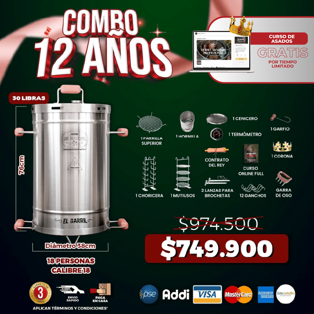 Combo Rey Barrilero 30lbs. + Membresía VIP + Accesorios + Corona + Garantía de 3 Años - Asadores El Barril