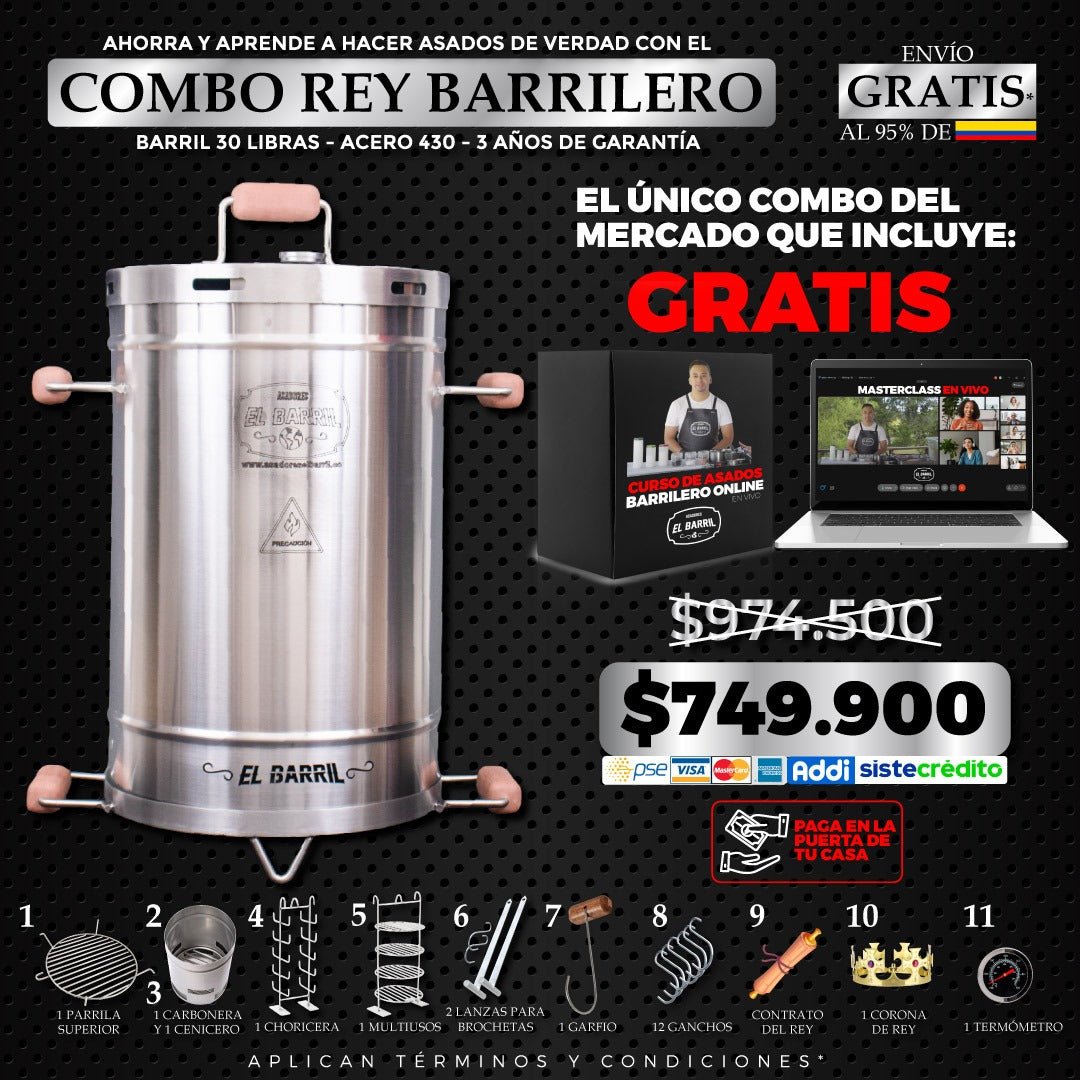 Combo Rey Barrilero 30lbs + Membresía VIP + Accesorios + Corona + Garantía de 3 Años - Asadores El Barril