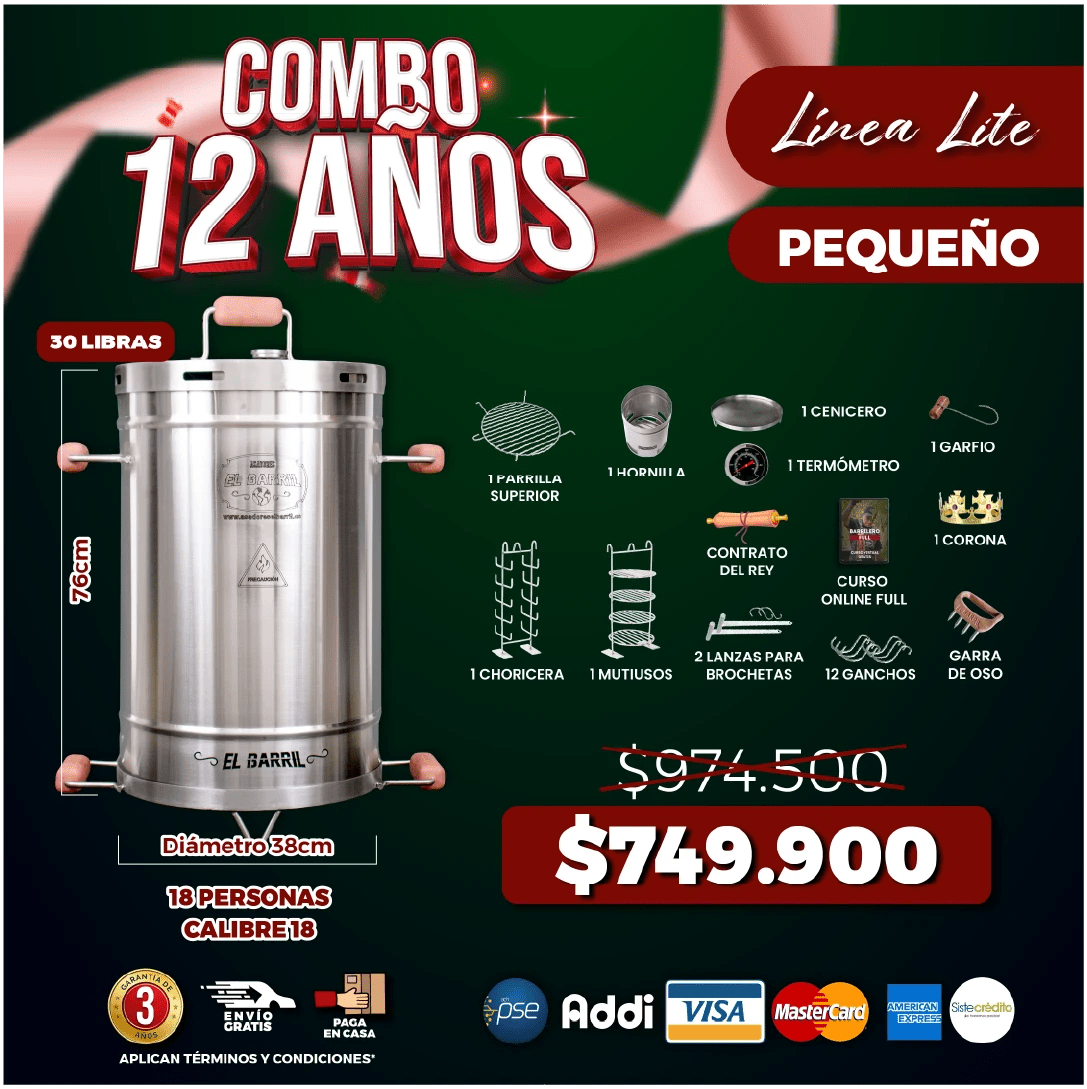 Combo Rey Barrilero 30lbs. + Membresía VIP + Accesorios + Corona + Garantía de 3 Años - Asadores El Barril