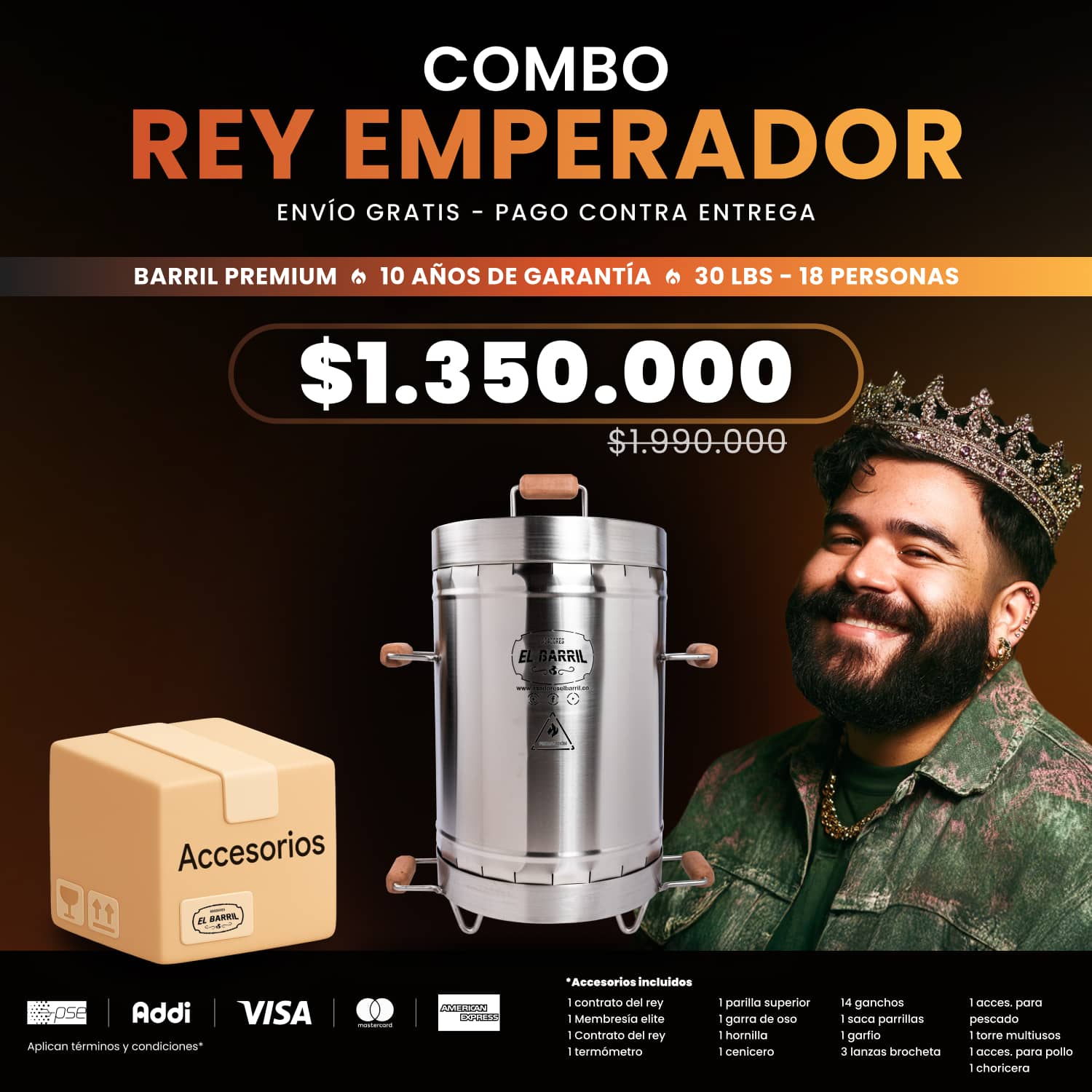 Combo Rey Emperador Premium 30Lbs. + Accesorios + Membresia ELITE + Envio Gratis - Asadores El Barril
