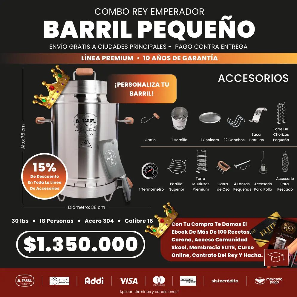 Combo Rey Emperador Premium 30Lbs. + Accesorios + Membresia ELITE + Envio Gratis+Parrilla - Asadores El Barril