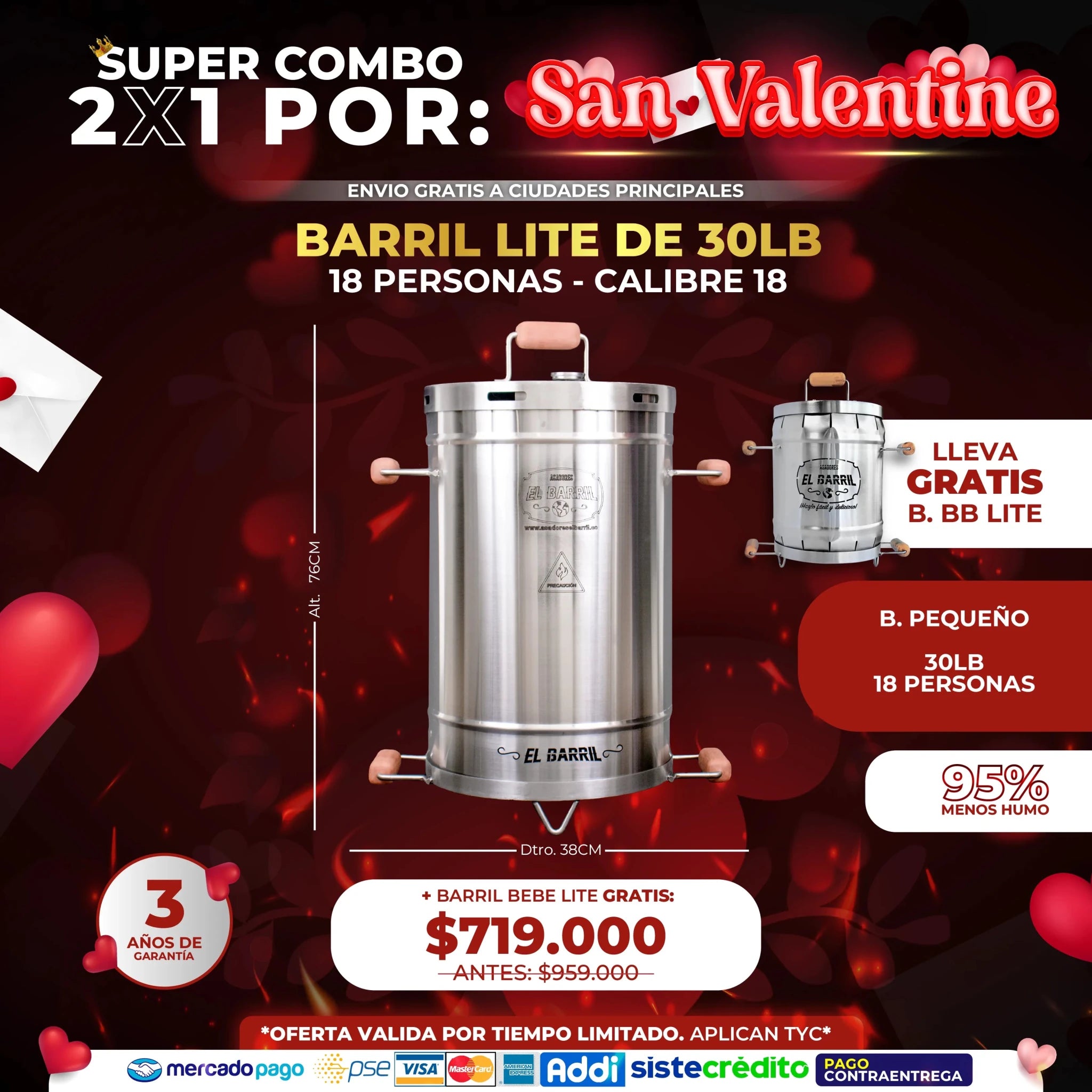 🔥 SUPER COMBO 2X 1 POR SAN VALENTINE - LLEVA TU BARRIL BEBÉ LITE GRATIS ❤️ - Asadores El Barril