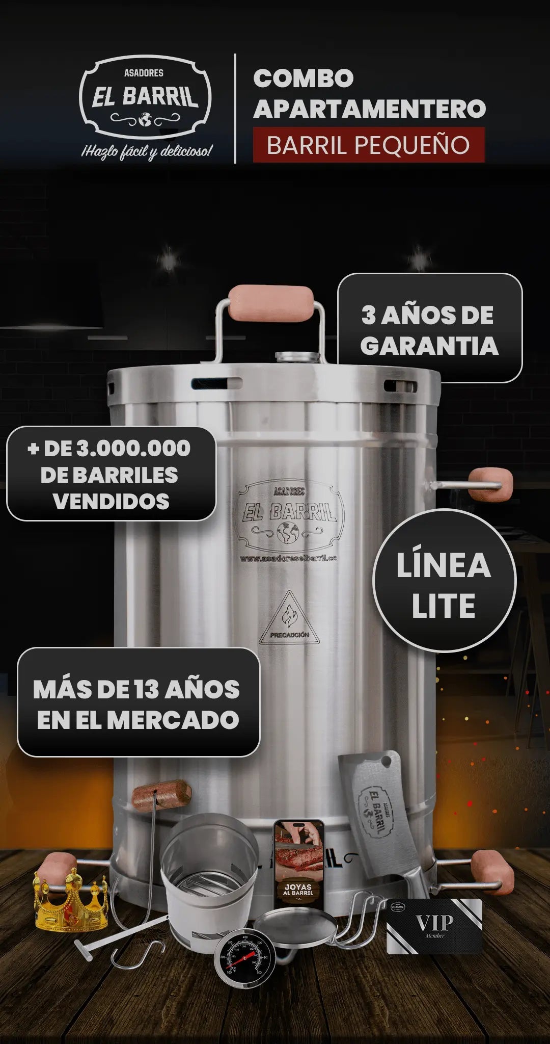 Super Combo Apartamentero 18 Personas + Membresía VIP + Accesorios + Corona + Garantía de 3 Años - Asadores El Barril