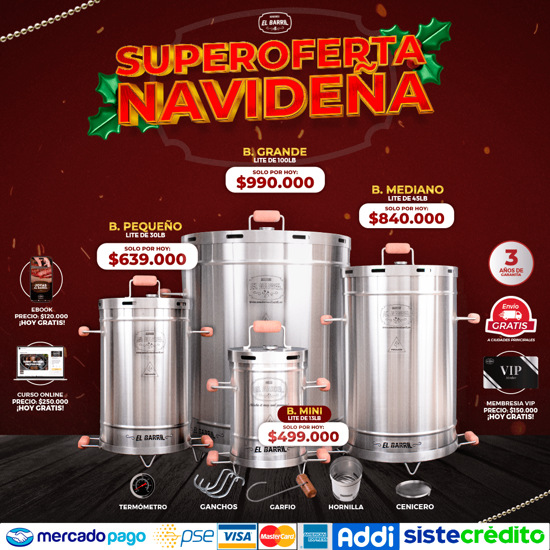 SUPER COMBO NAVIDEÑO + ACCESORIOS + MEMBRESIA VIP + EBOOK + CURSO ONLINE - Asadores El Barril