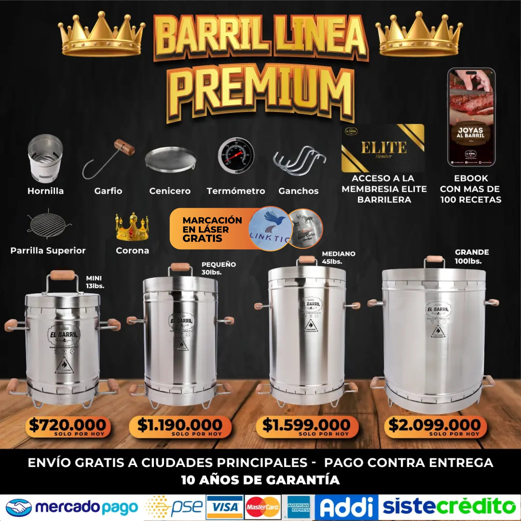 SUPER OFERTAS PREMIUM + ACCESORIOS + MARCACIÓN EN LÁSER Y ENVIO GRATIS - Asadores El Barril