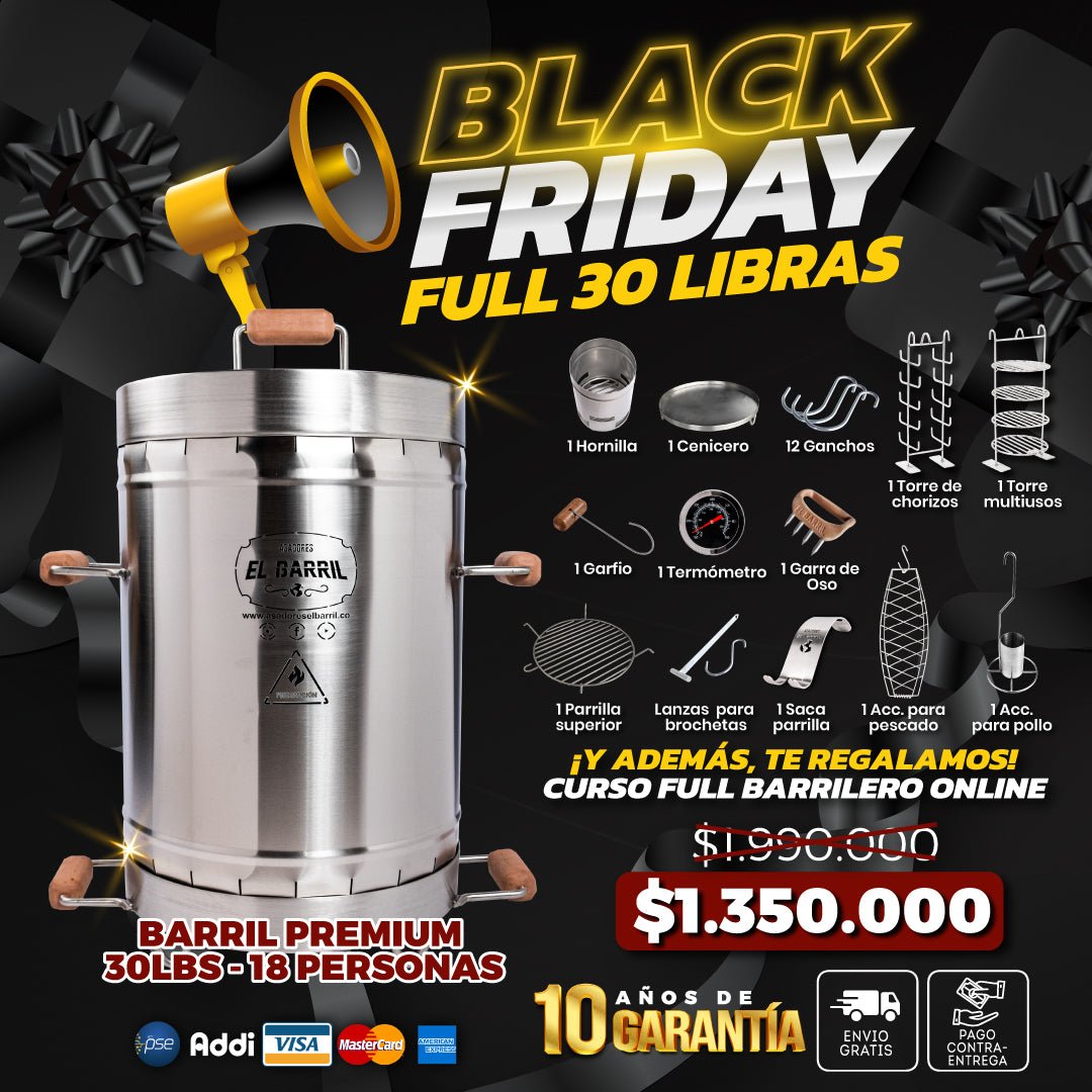 Combo Black Friday 30Lbs. + 10años de Garantía + 13 Accesorios + Curso Barrilero Online + Envío Gratis - Asadores El Barril