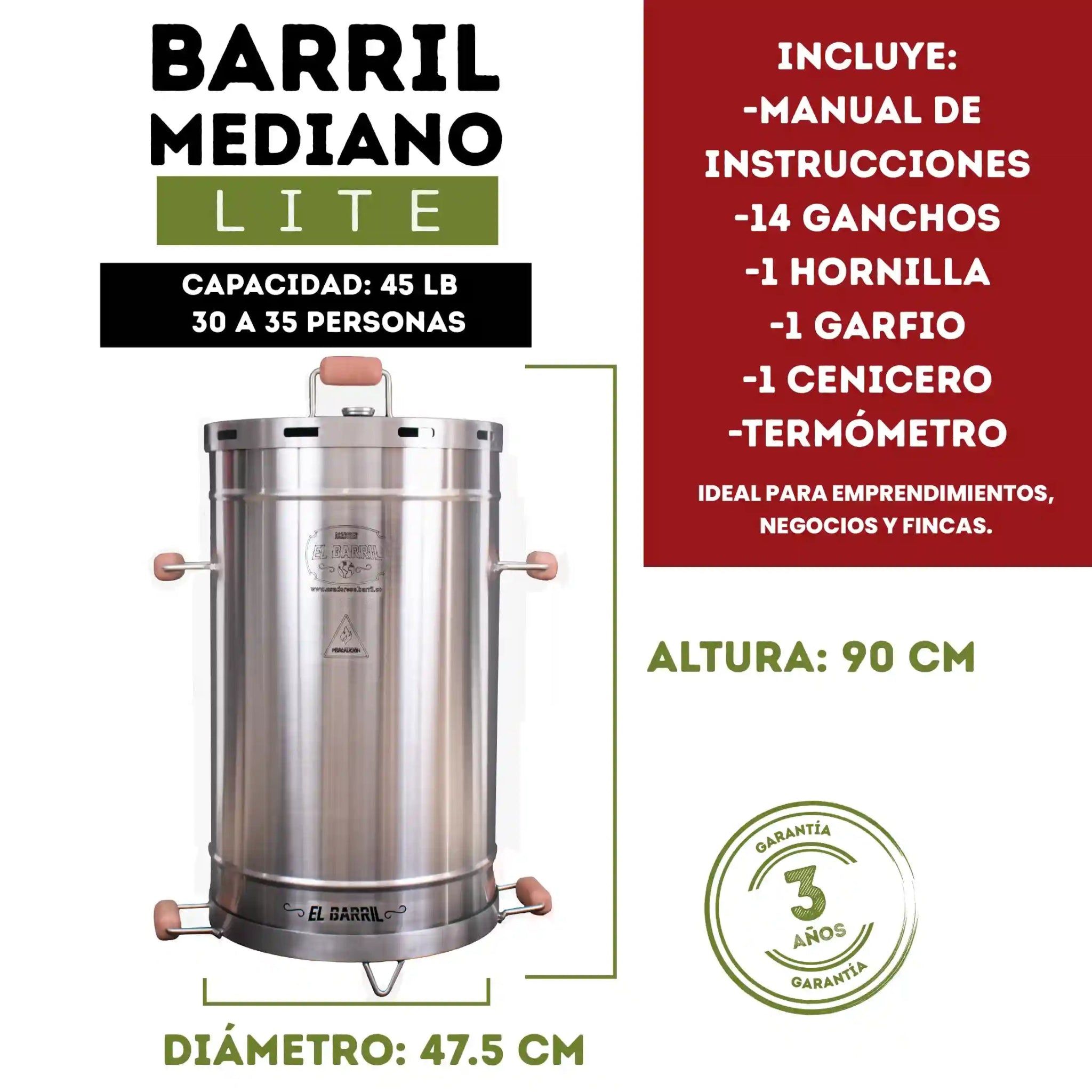 Combo Familiar 45lb + Kit de Accesorios + 3 Años de Garantia + Envío Gratis - Asadores El Barril