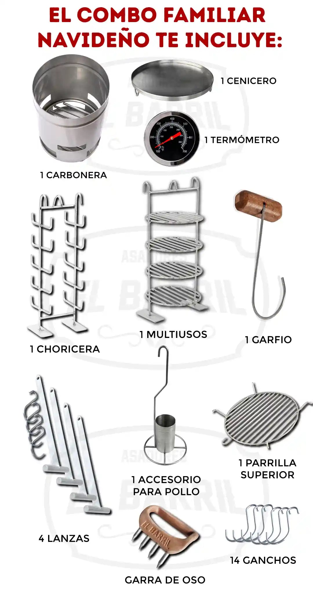 Combo Familiar 45lb + Kit de Accesorios + 3 Años de Garantia + Envío Gratis - Asadores El Barril