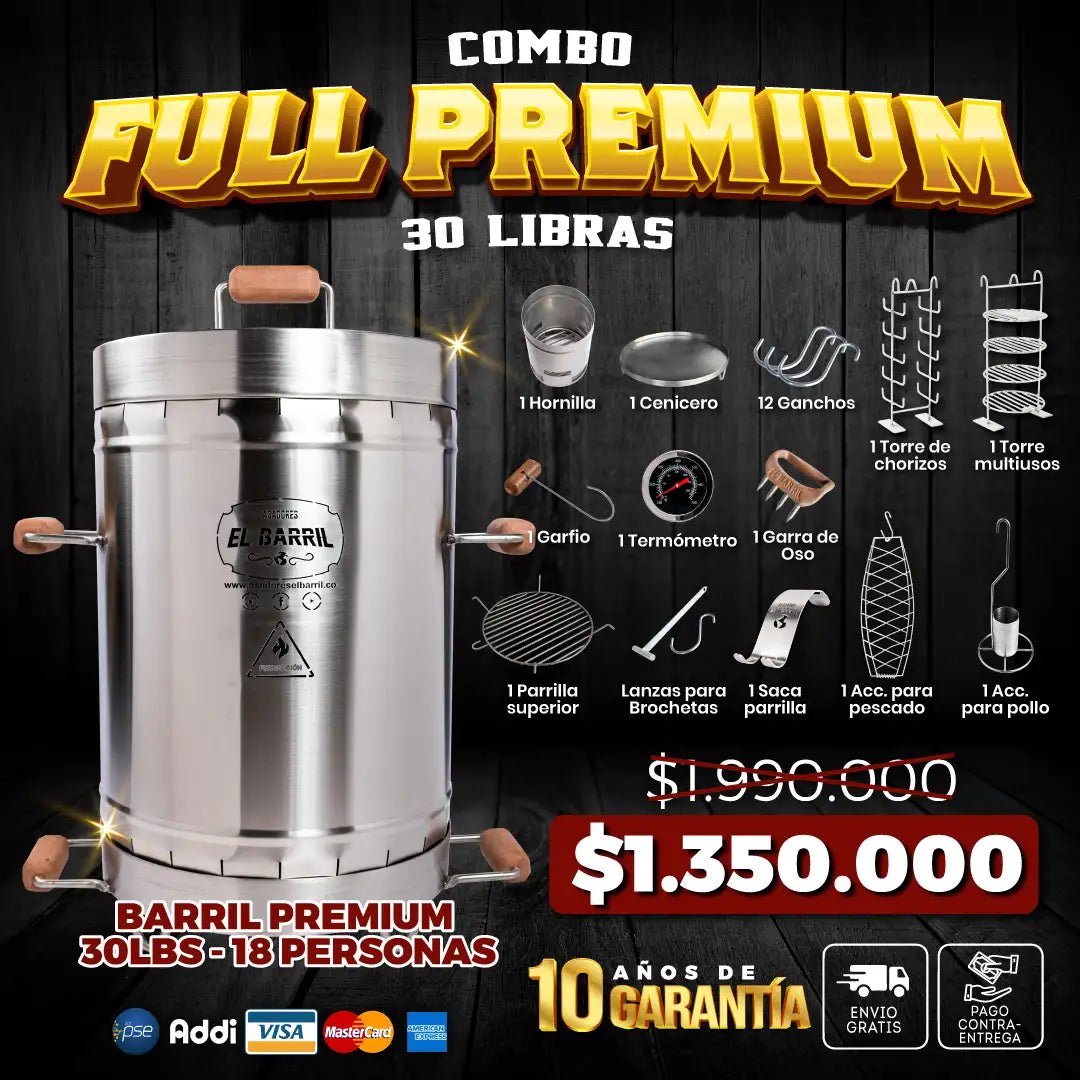 Combo Full Premium 30Lbs. + 10años de Garantía + 13 Accesorios + Curso Barrilero Online + Envío Gratis - Asadores El Barril