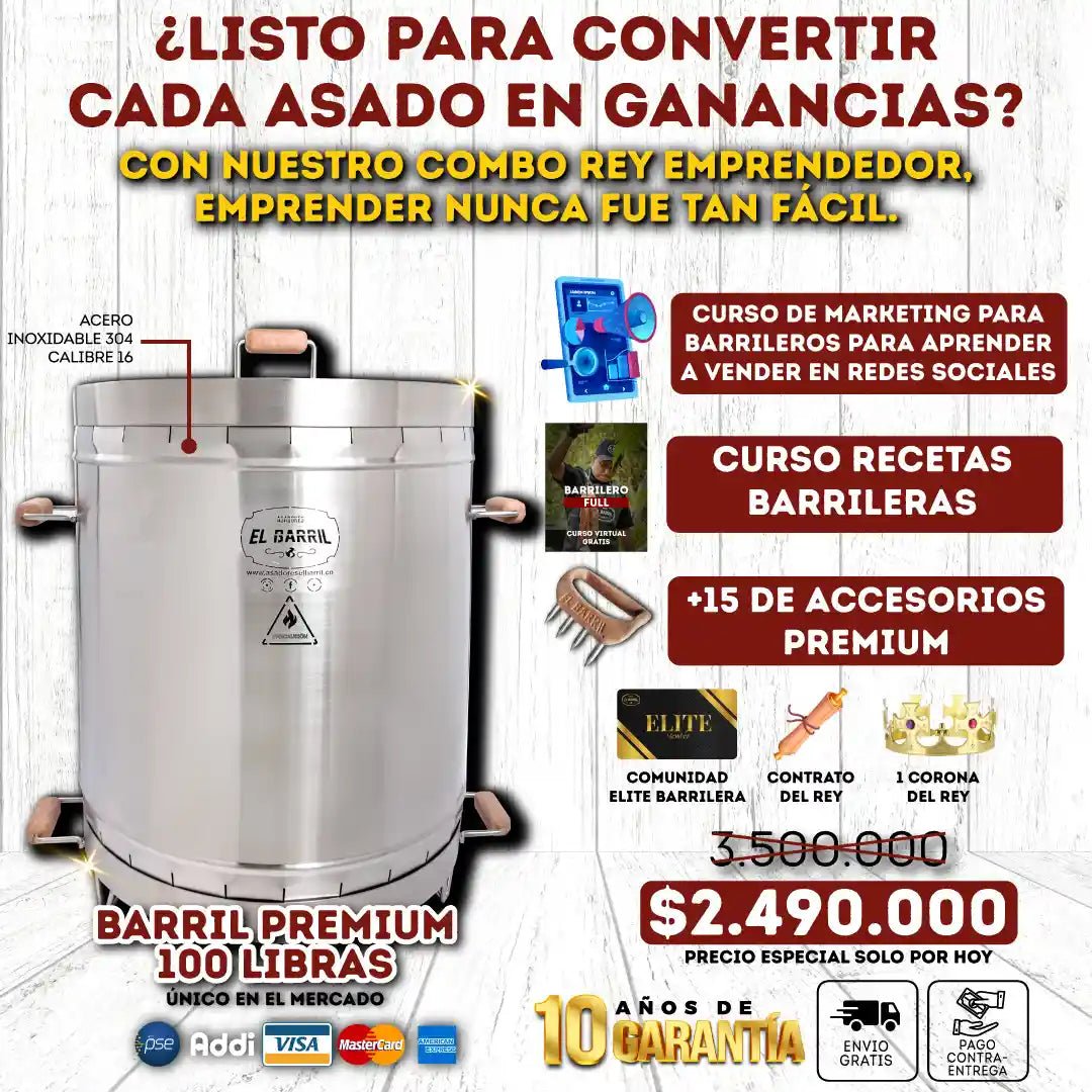 Combo Premium Rey Emprendedor 100lb + Kit de Accesorios + Curso Virtual + 10 Años de Garantia + Comunidad VIP + Envío Gratis - Asadores El Barril