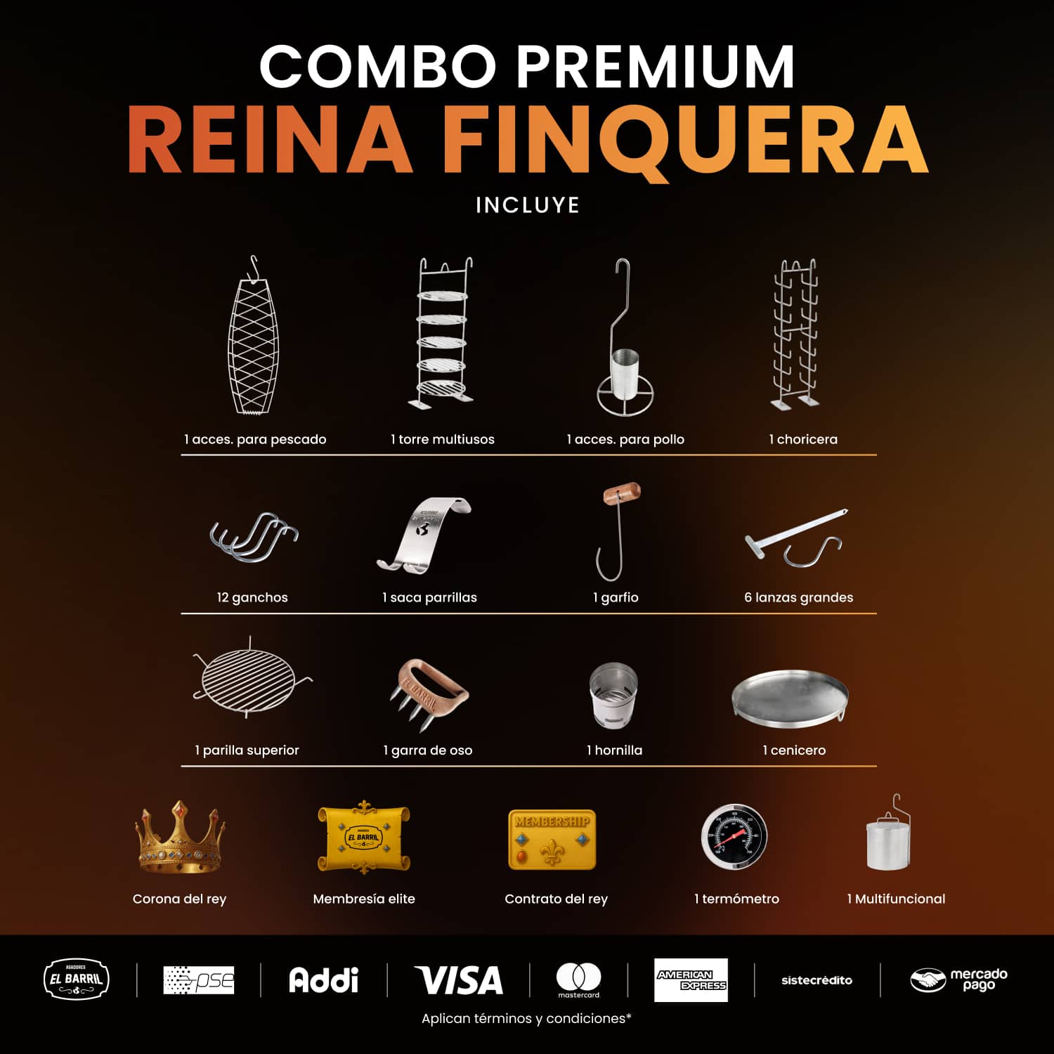 Combo Reina Finquera Premium 45lbs + Accesorios + Membresía ELITE + Envio Gratis - Asadores El Barril