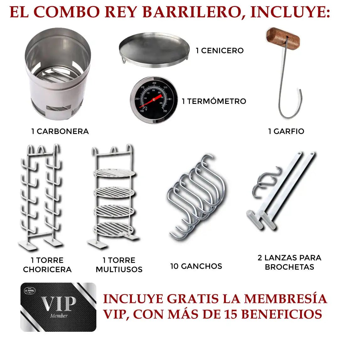 Combo Rey Barrilero 30lbs. + Membresía VIP + Accesorios + Corona + Garantía de 3 Años - Asadores El Barril