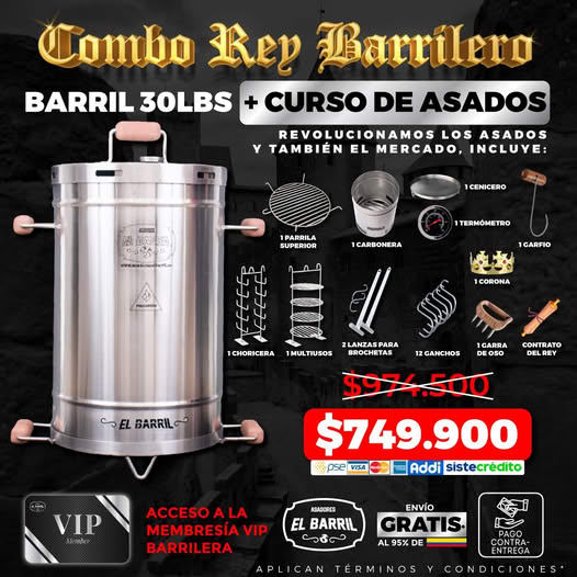 Combo Rey Barrilero 30lbs + Membresía VIP + Accesorios + Corona + Garantía de 3 Años - Asadores El Barril