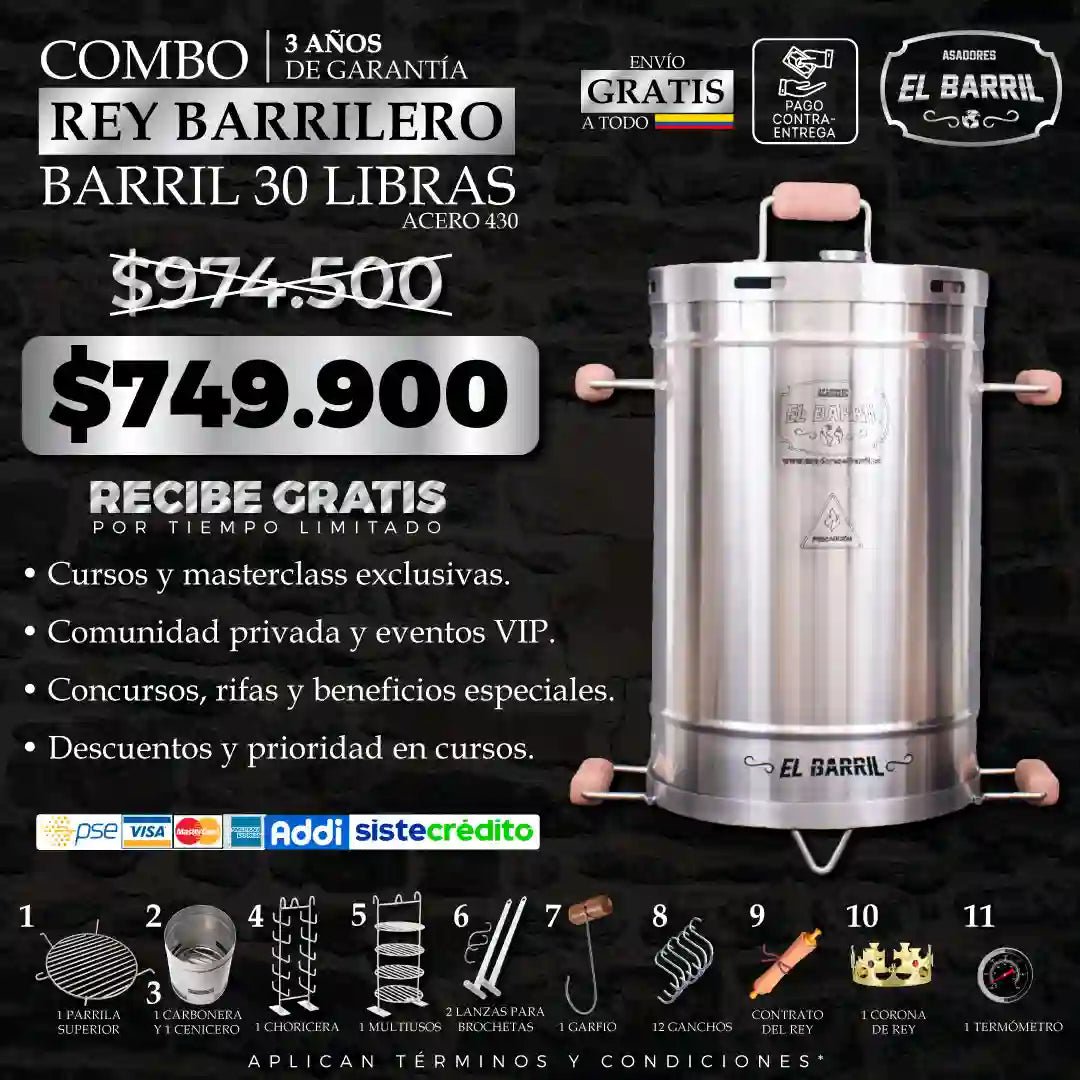 Combo Rey Barrilero 30lbs + Membresía VIP + Accesorios + Corona + Garantía de 3 Años - Asadores El Barril