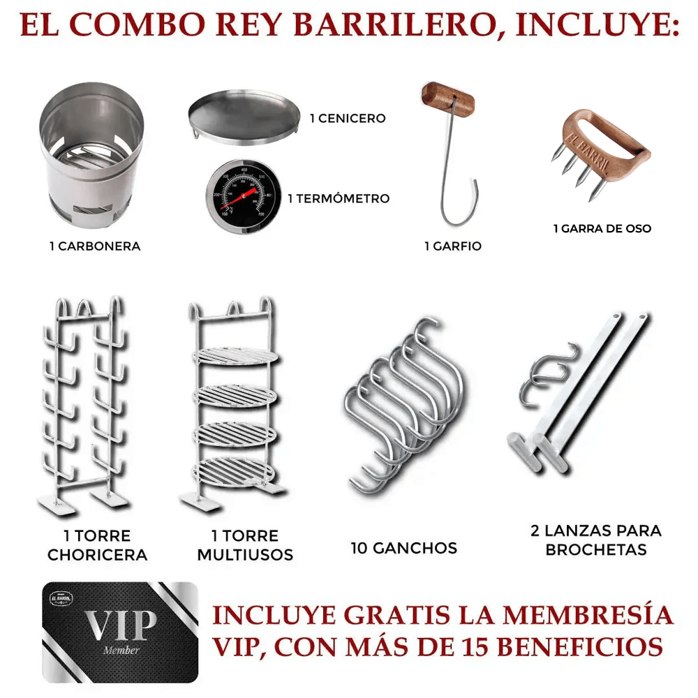 Combo Rey Barrilero 30lbs. + Membresía VIP + Accesorios + Corona + Garantía de 3 Años - Asadores El Barril