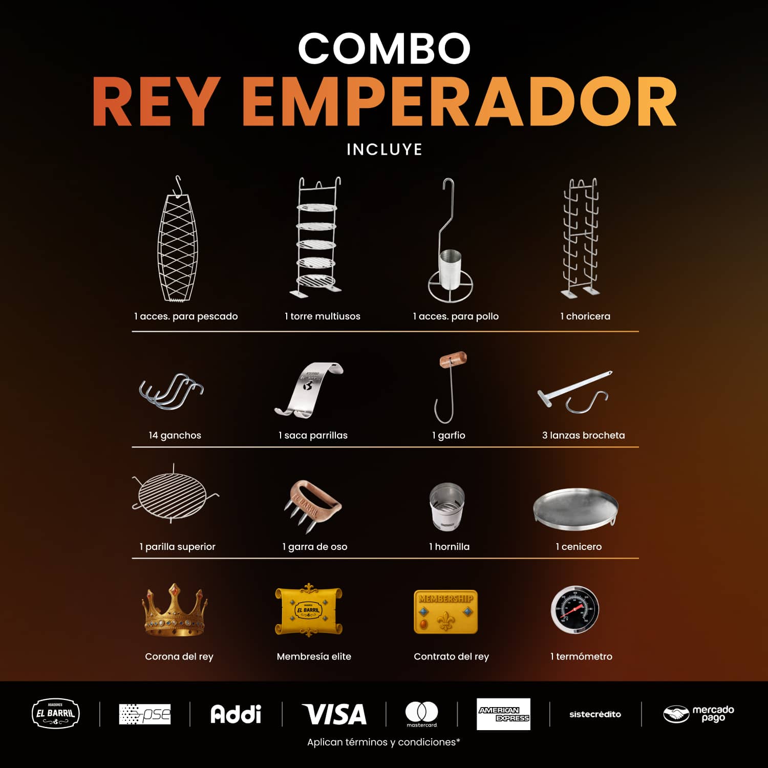 Combo Rey Emperador Premium 30Lbs. + Accesorios + Membresia ELITE + Envio Gratis - Asadores El Barril
