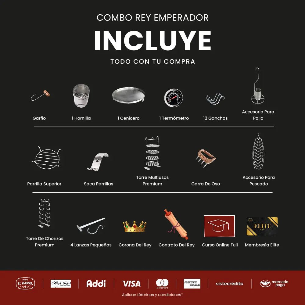 Combo Rey Emperador Premium 30Lbs. + Accesorios + Membresia ELITE + Envio Gratis+Parrilla - Asadores El Barril