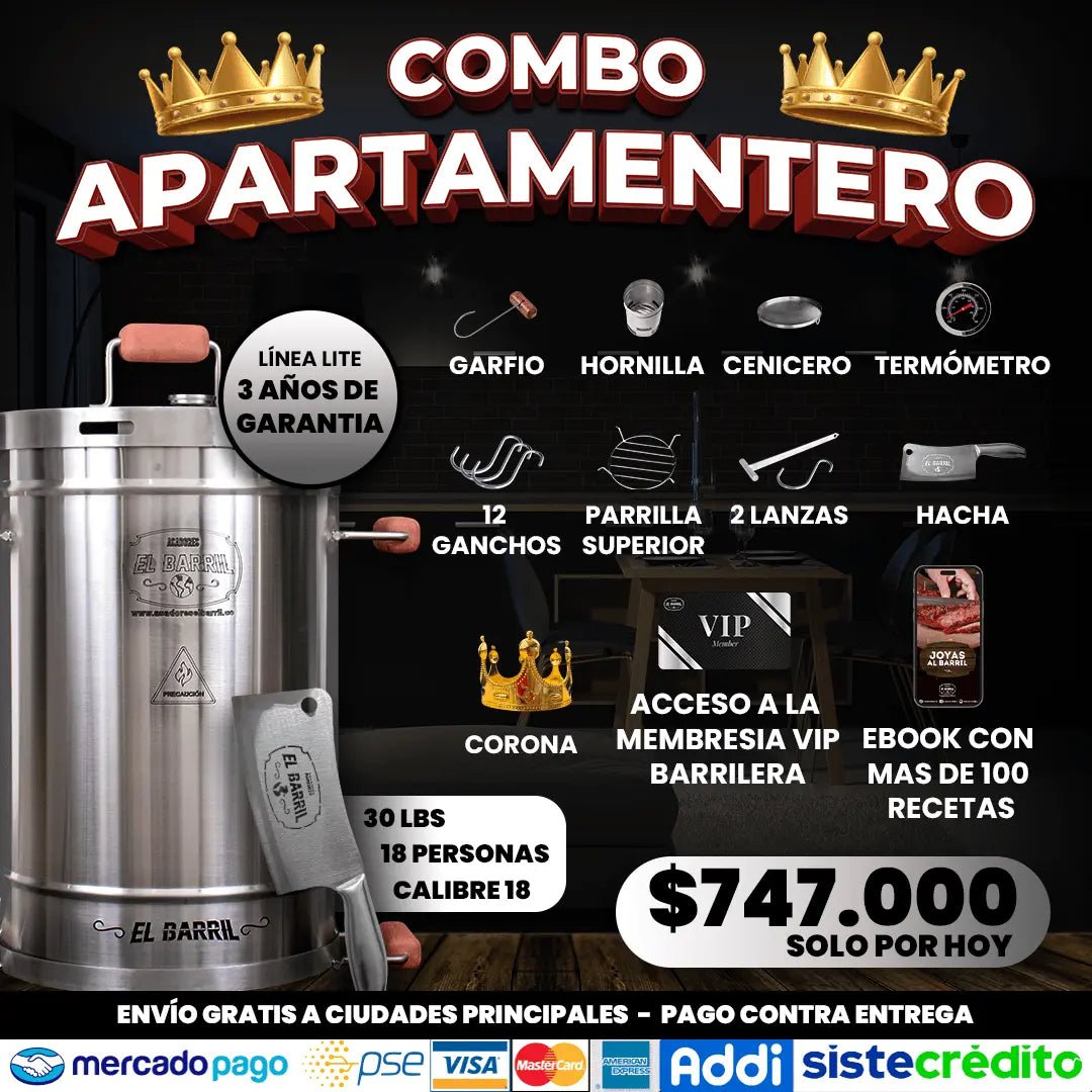 Super Combo Apartamentero 18 Personas + Membresía VIP + Accesorios + Corona + Garantía de 3 Años - Asadores El Barril