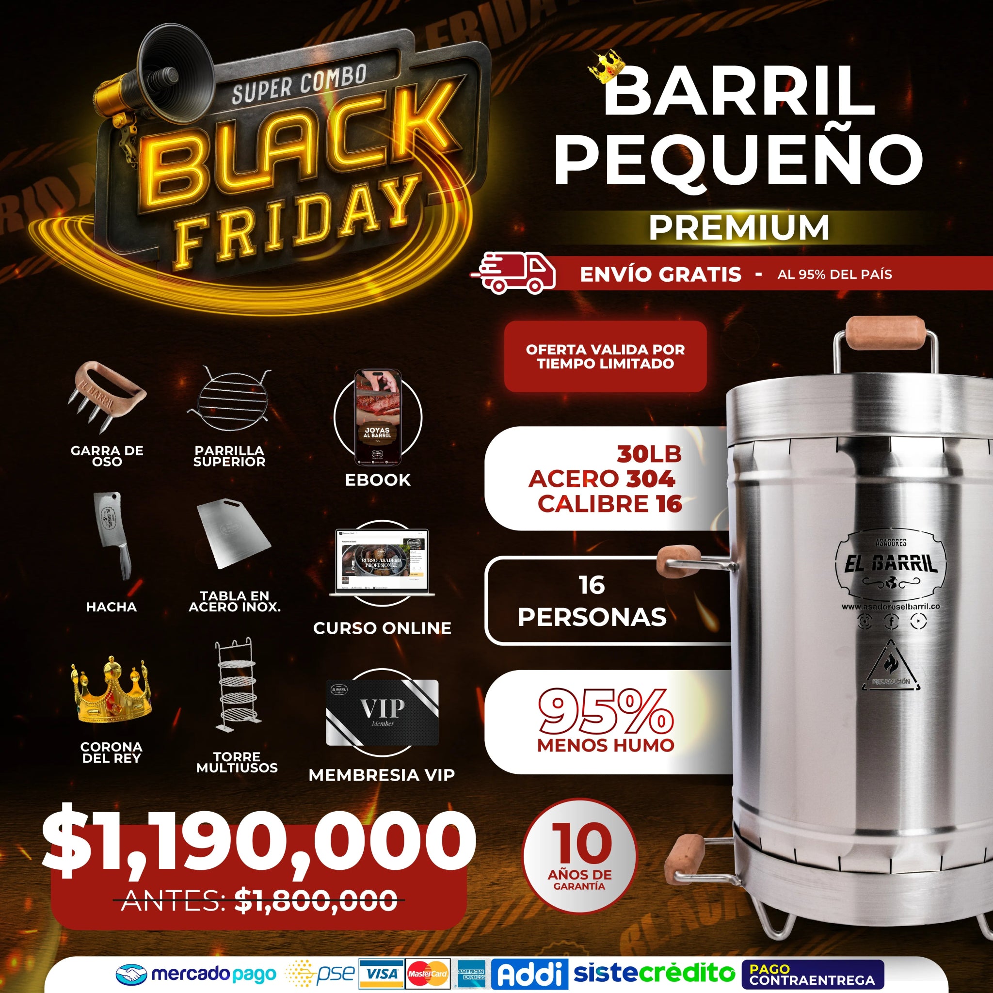 SUPER Combo BLACK FRIDAY Barril PEQUEÑO PREMIUM + ACCESORIOS + CURSOS 🔥 - Asadores El Barril