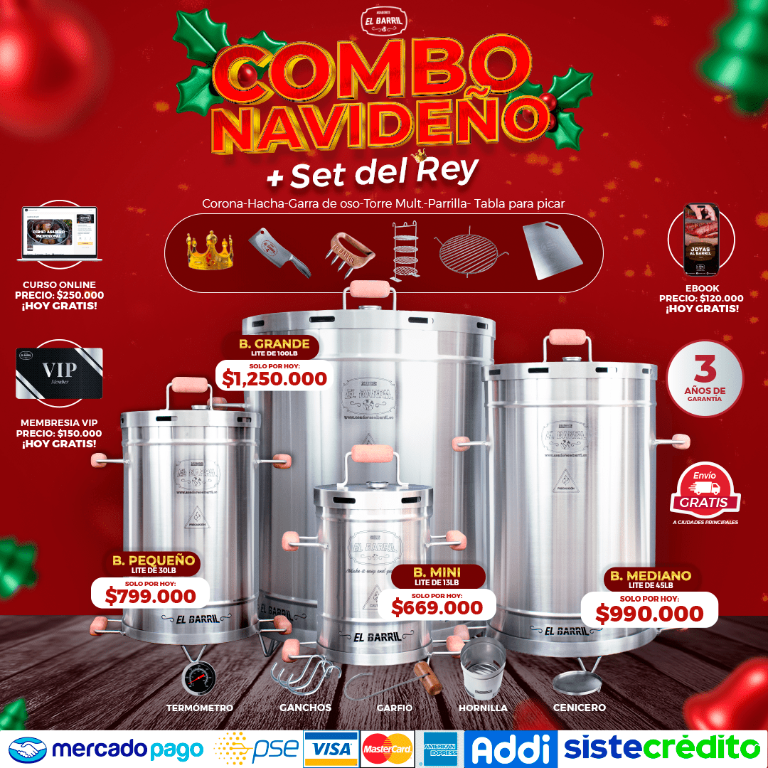 SUPER COMBO NAVIDEÑO SET DEL REY + ACCESORIOS + MEMBRESIA VIP + EBOOK + CURSO ONLINE - Asadores El Barril